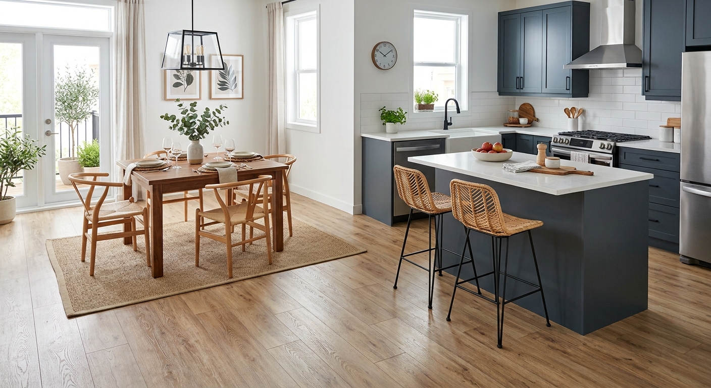 Warm kitchen with wood-look laminate flooring